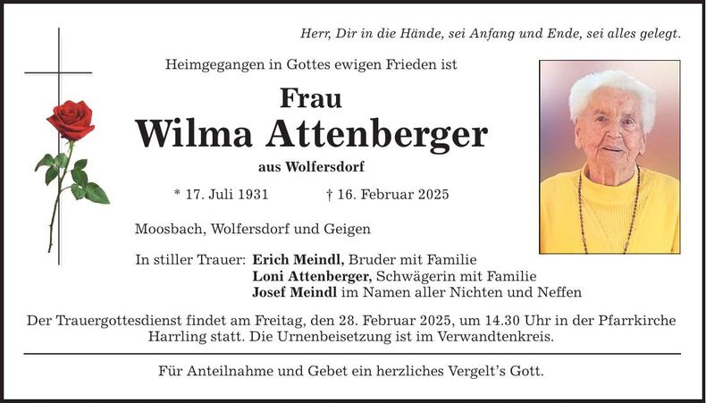 Traueranzeige Wilma Attenberger