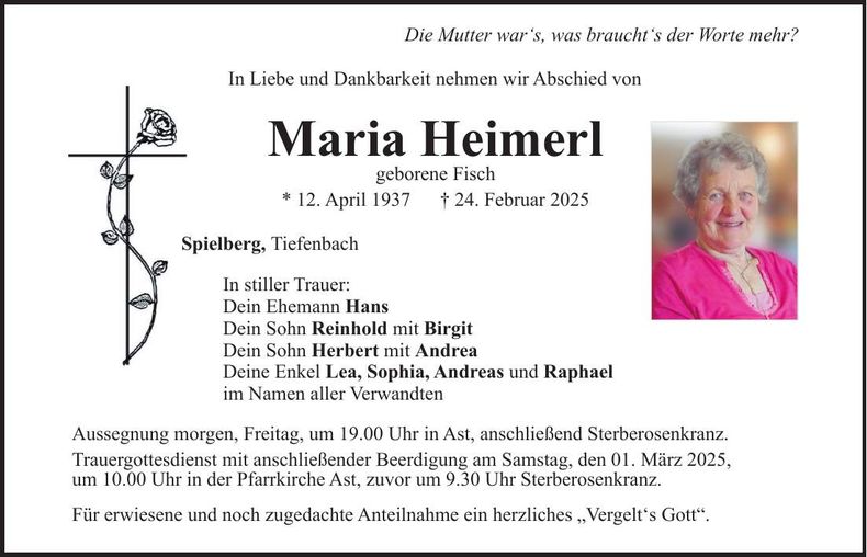 Traueranzeige Maria Heimerl