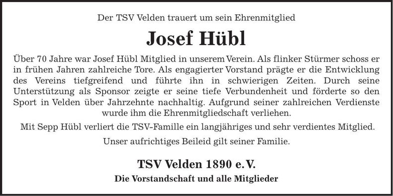 Traueranzeige Josef Hübl