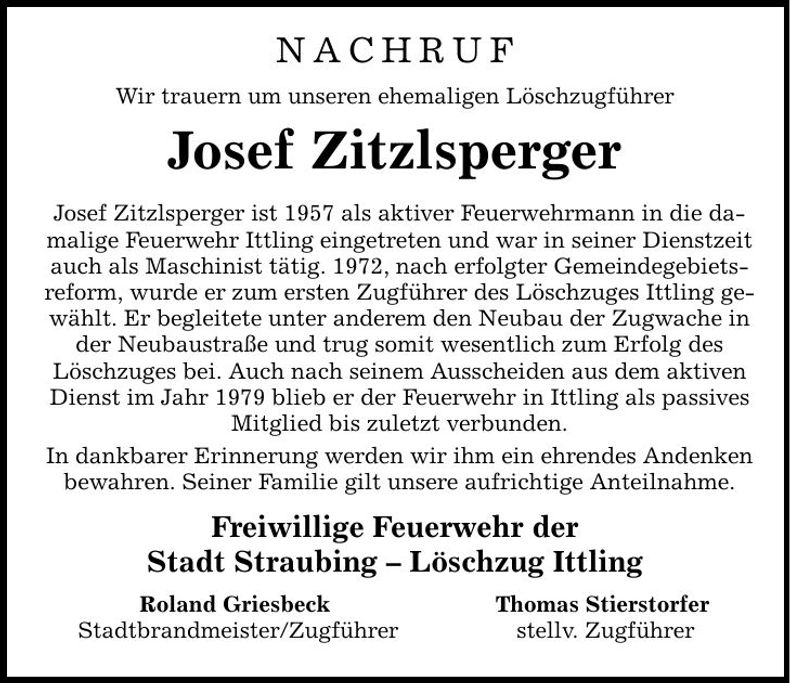 Traueranzeige Josef Zitzlsperger