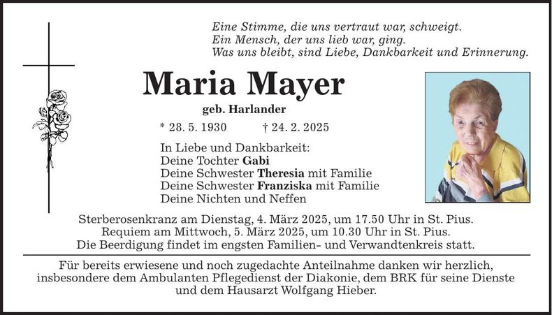 Traueranzeige Maria Mayer