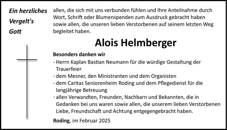 Traueranzeige Alois Helmberger