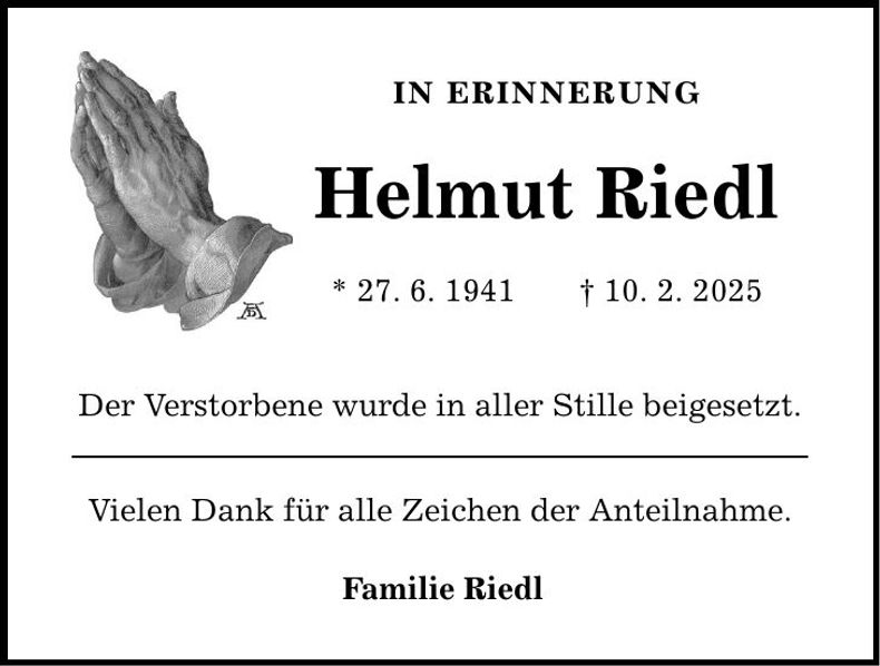 Traueranzeige Helmut Riedl