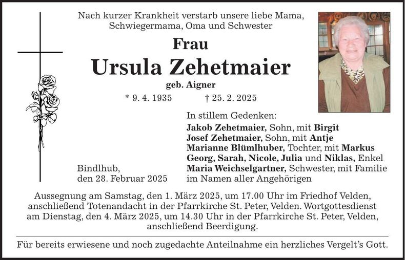 Traueranzeige Ursula Zehetmaier