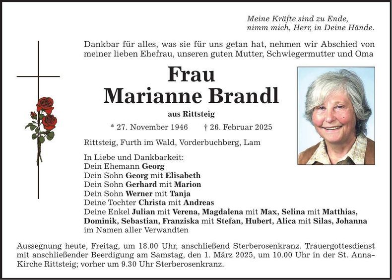 Traueranzeige Marianne Brandl