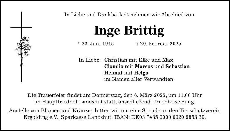 Traueranzeige Inge Brittig