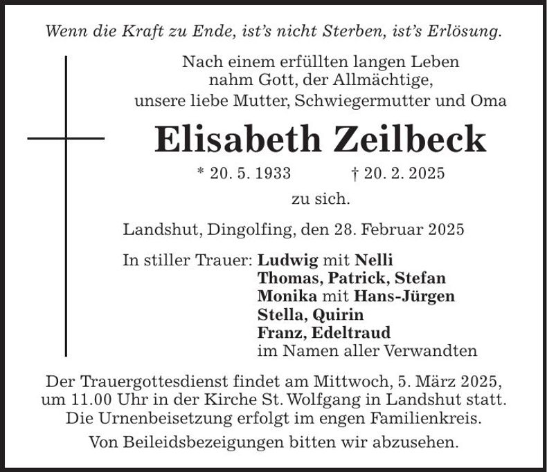 Traueranzeige Elisabeth Zeilbeck