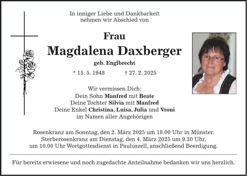 Traueranzeige Magdalena Daxberger