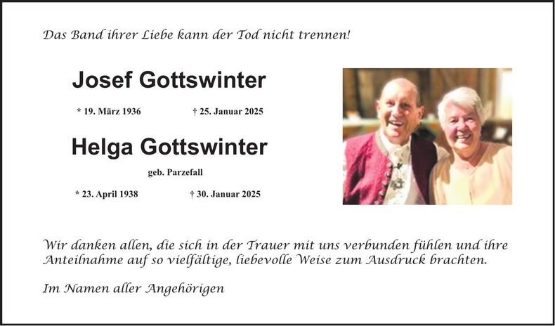 Traueranzeige Josef und Helga Gottswinter