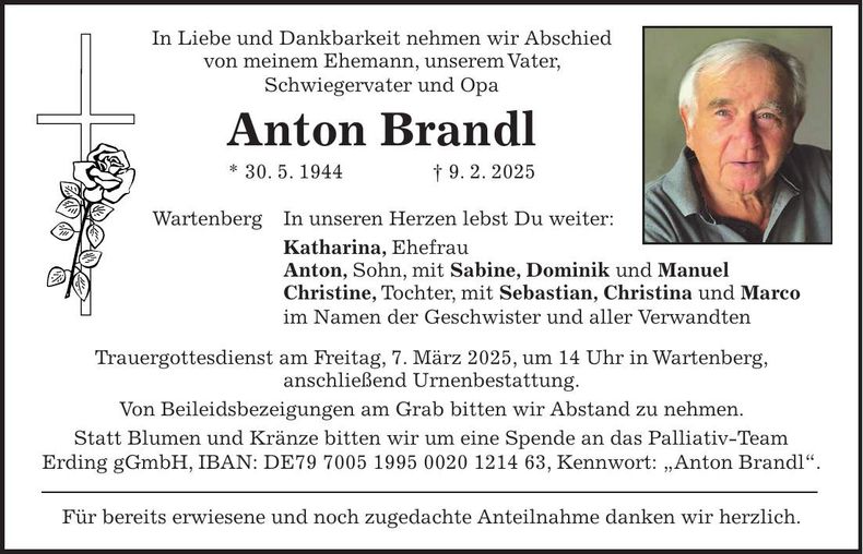 Traueranzeige Anton Brandl