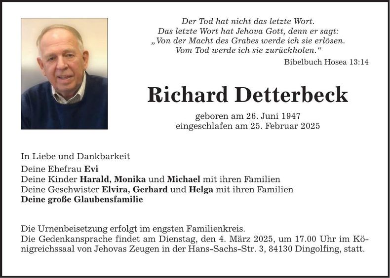 Traueranzeige Richard Detterbeck