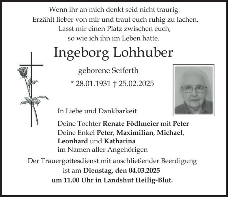 Traueranzeige Ingeborg Lohhuber