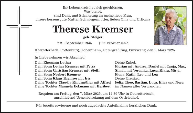Traueranzeige Therese Kremser