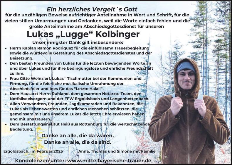 Traueranzeige Lukas Kolbinger
