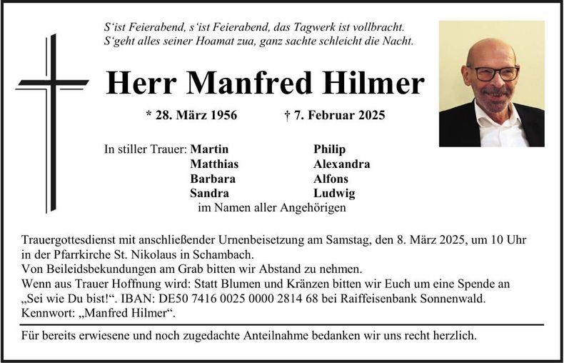 Traueranzeige Manfred Hilmer