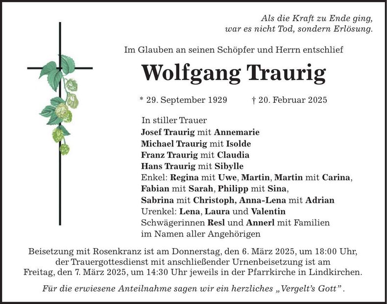 Traueranzeige Wolfgang Traurig