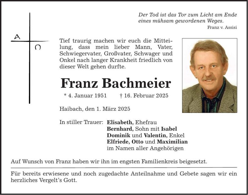 Traueranzeige Franz Bachmeier