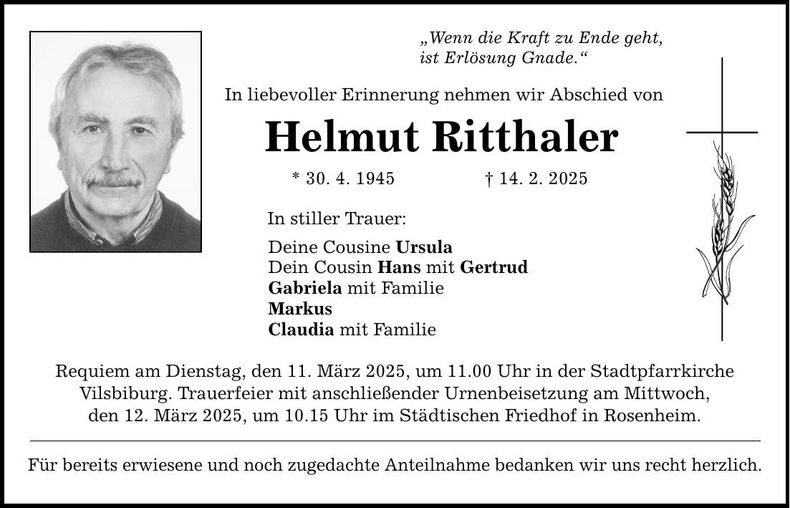 Traueranzeige Helmut Ritthaler