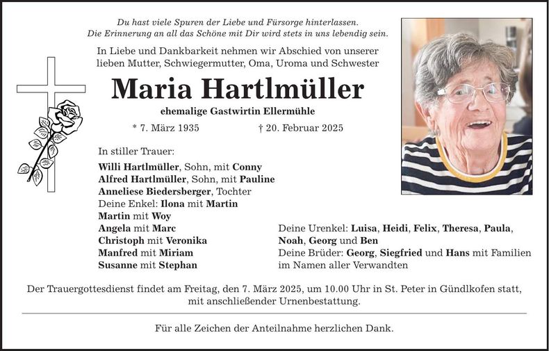 Traueranzeige Maria Hartlmüller