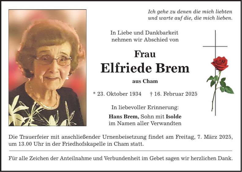 Traueranzeige Elfriede Brem