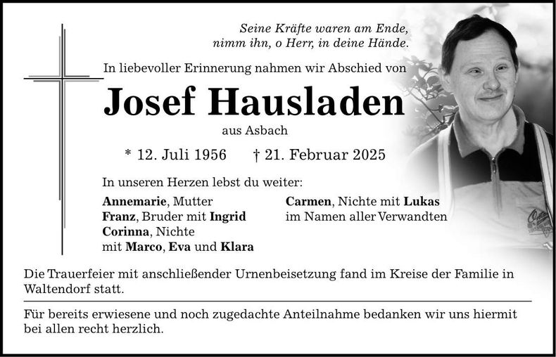 Traueranzeige Josef Hausladen