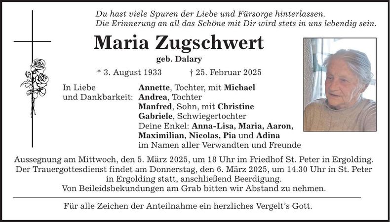 Traueranzeige Maria Zugschwert