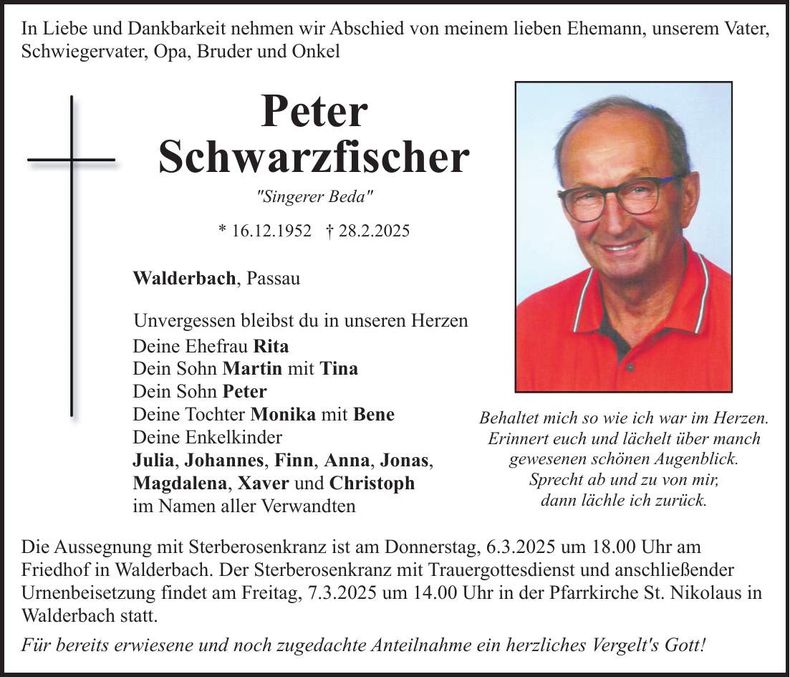 Traueranzeige Peter Schwarzfischer