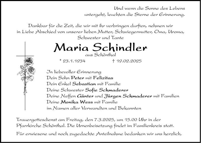 Traueranzeige Maria Schindler
