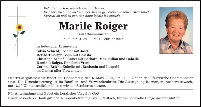 Traueranzeige Mariele Roiger