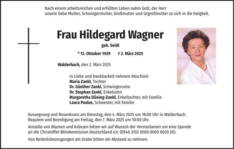Traueranzeige Hildegard Wagner