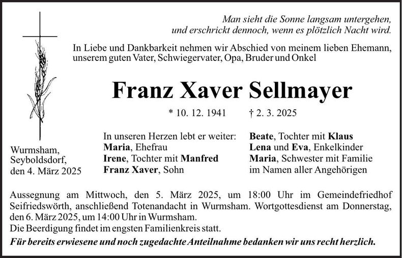 Traueranzeige Franz Xaver Sellmayer