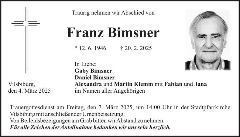 Traueranzeige Franz Bimsner