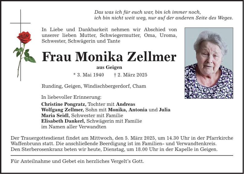 Traueranzeige Monika Zellmer