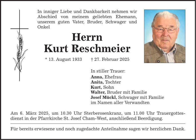 Traueranzeige Kurt Reschmeier