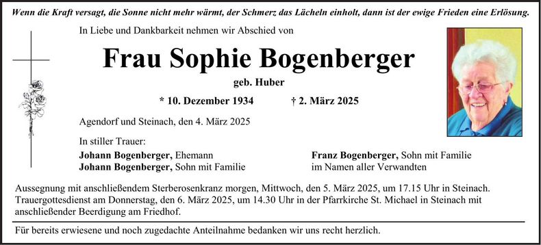 Traueranzeige Sophie Bogenberger