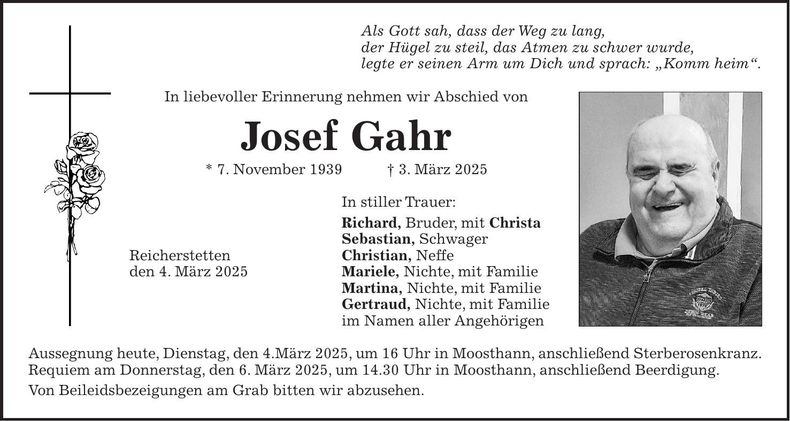 Traueranzeige Josef Gahr