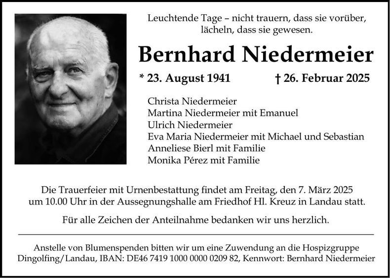 Traueranzeige Bernhard Niedermeier