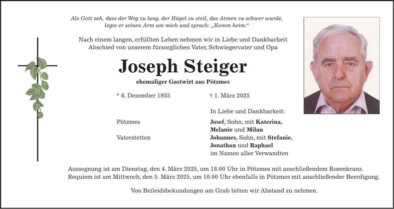 Traueranzeige Joseph Steiger