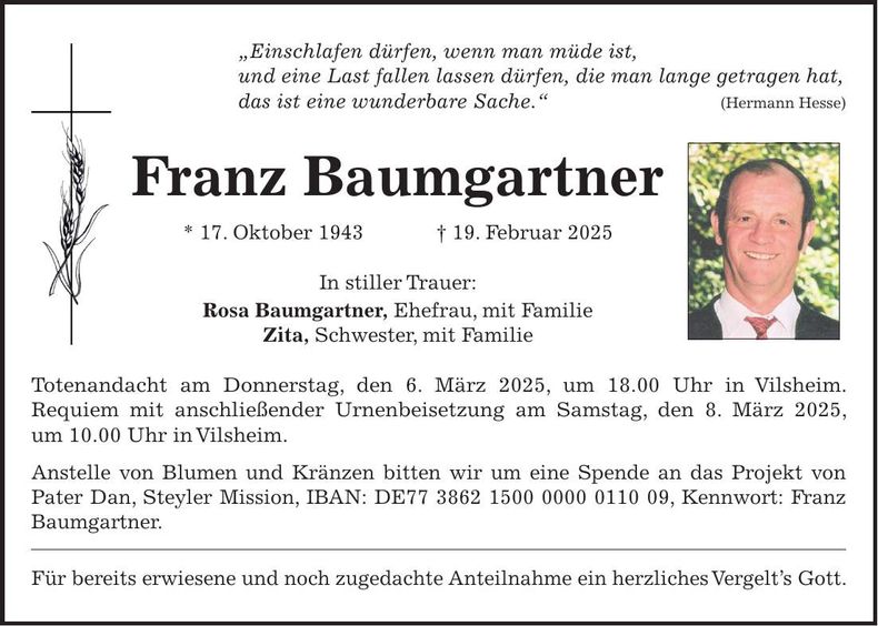 Traueranzeige Franz Baumgartner