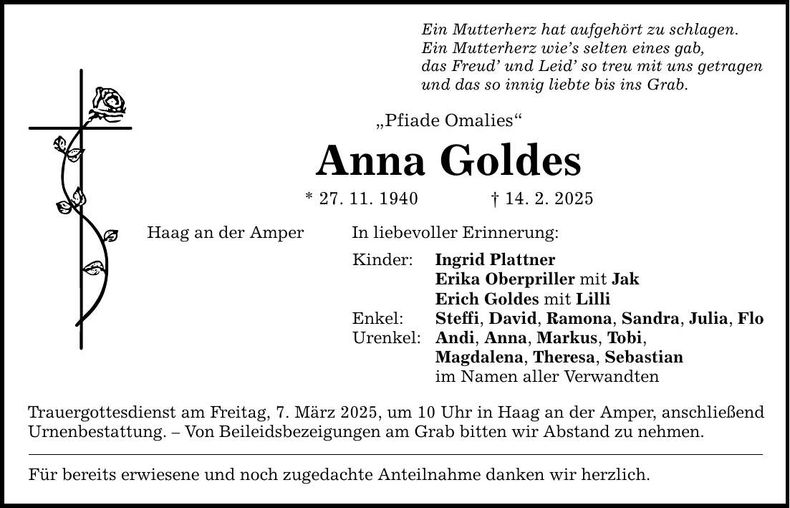 Traueranzeige Anna Goldes