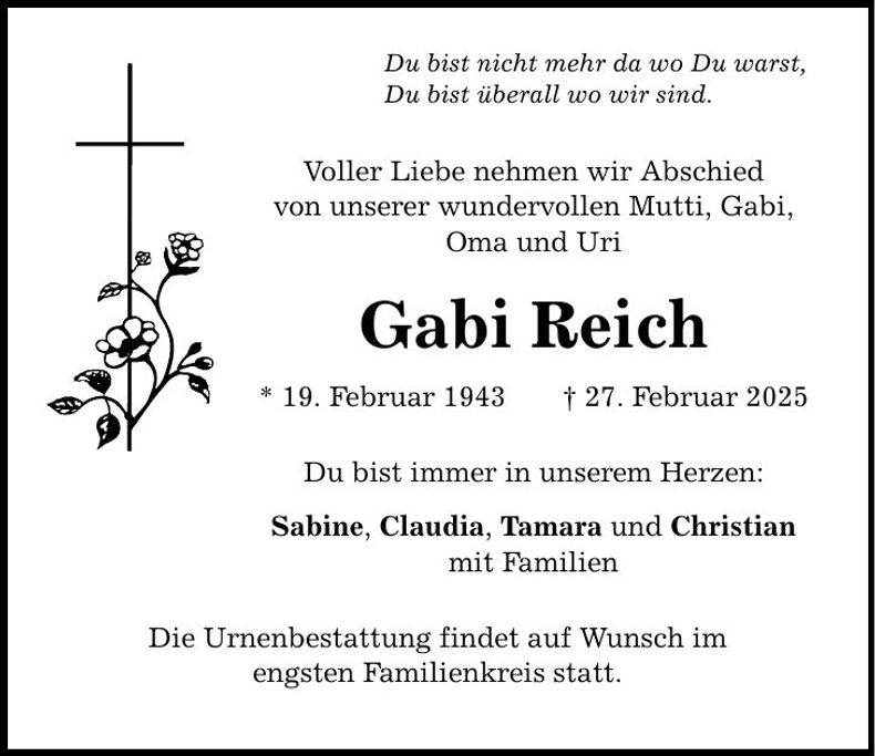 Traueranzeige Gabi Reich