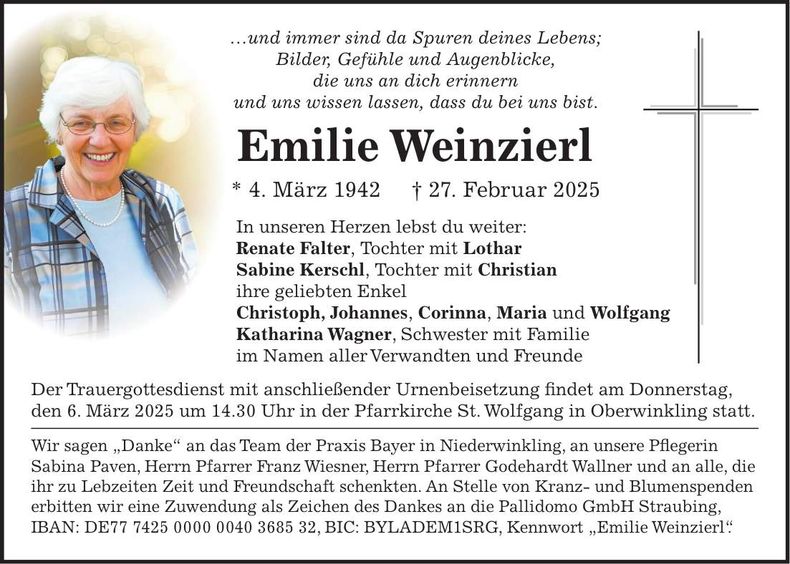 Traueranzeige Emilie Weinzierl