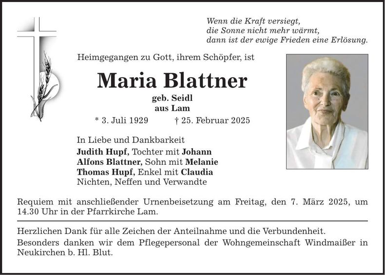Traueranzeige Maria Blattner