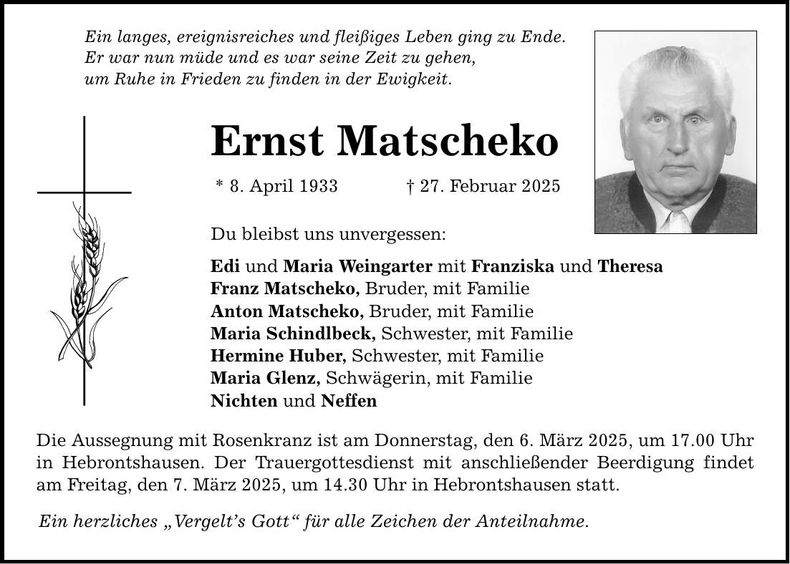 Traueranzeige Ernst Matscheko