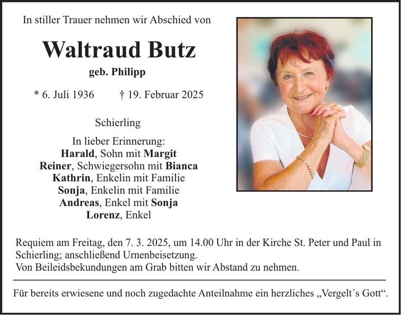 Traueranzeige Waltraud Butz