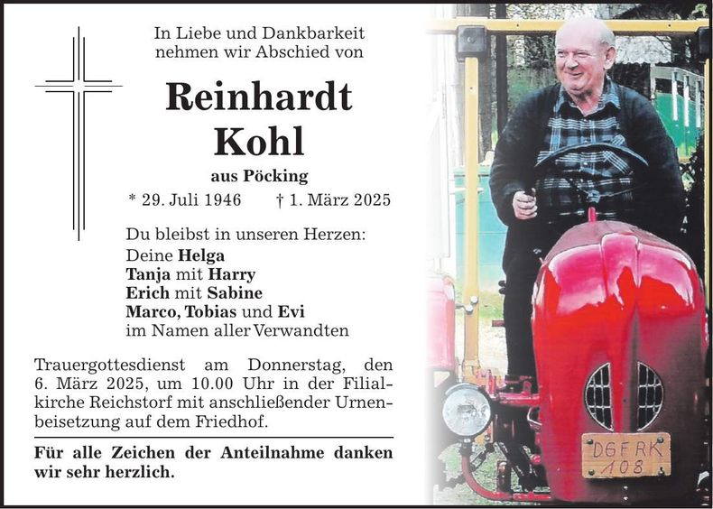 Traueranzeige Reinhardt Kohl