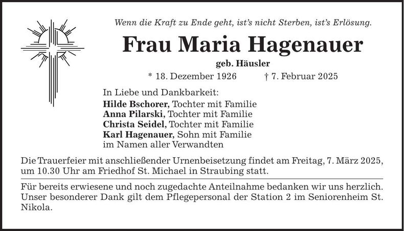 Traueranzeige Maria Hagenauer