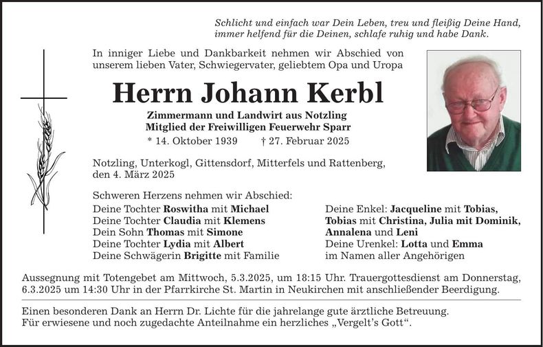 Traueranzeige Johann Kerbl