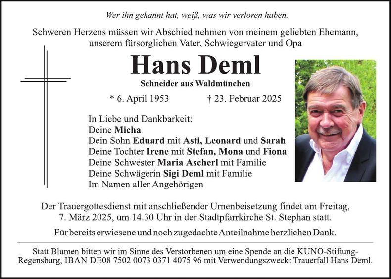 Traueranzeige Hans Deml