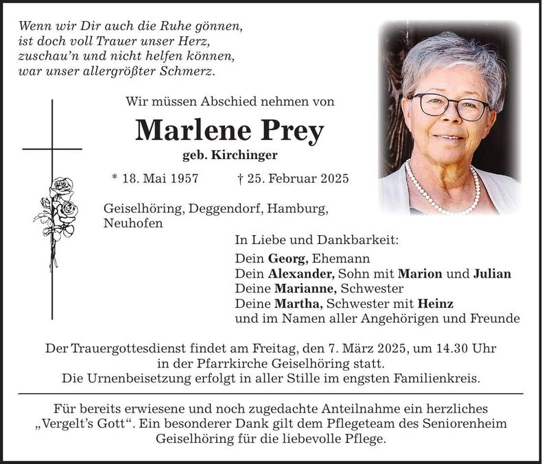 Traueranzeige Marlene Prey